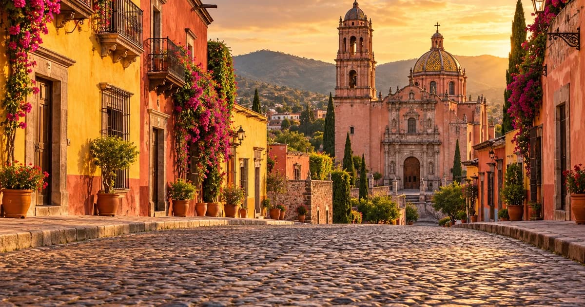 Illustration of a cobblestone street with pastel colonial facades and a church cupola in a Mexican highland town at golden hour