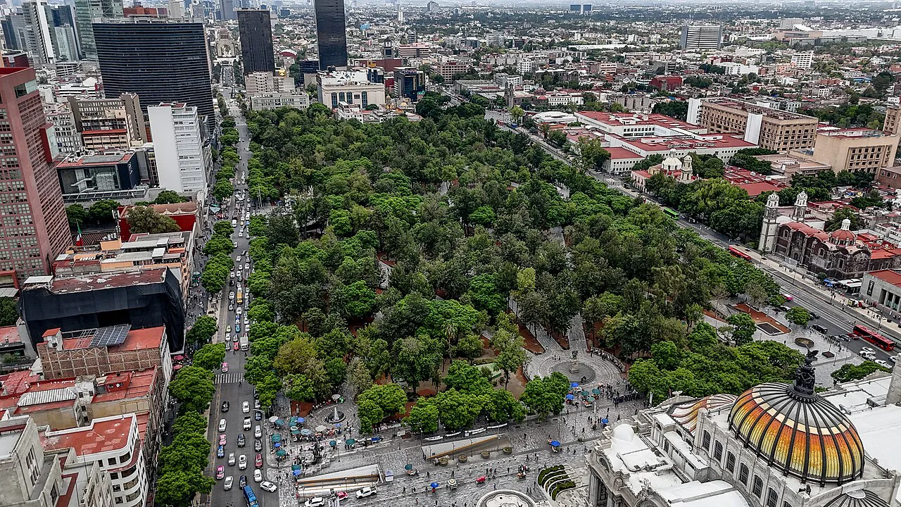 Aerial view of Alameda Central beside the Palacio de Bellas Artes, Mexico City.