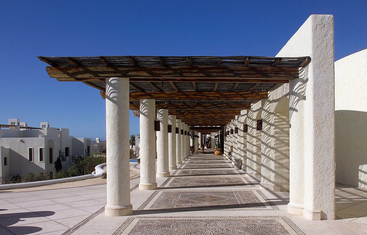 Covered outdoor walkway at the Las Ventanas resort in Cabo San Lucas.