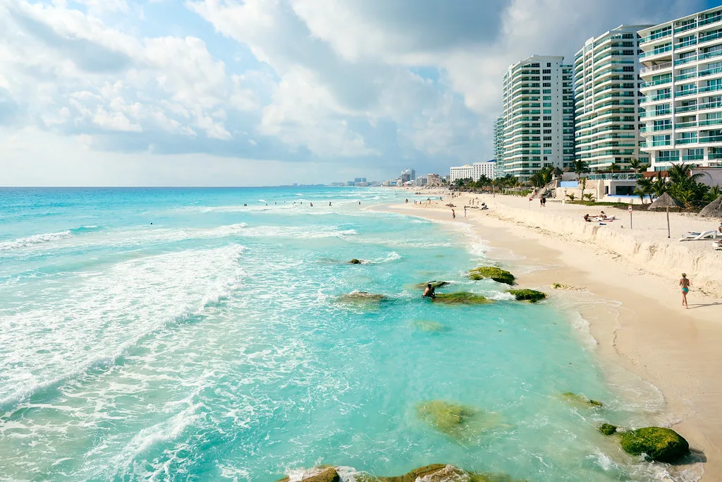 Turquoise water and hotel towers in Cancún's Hotel Zone, east of downtown.
