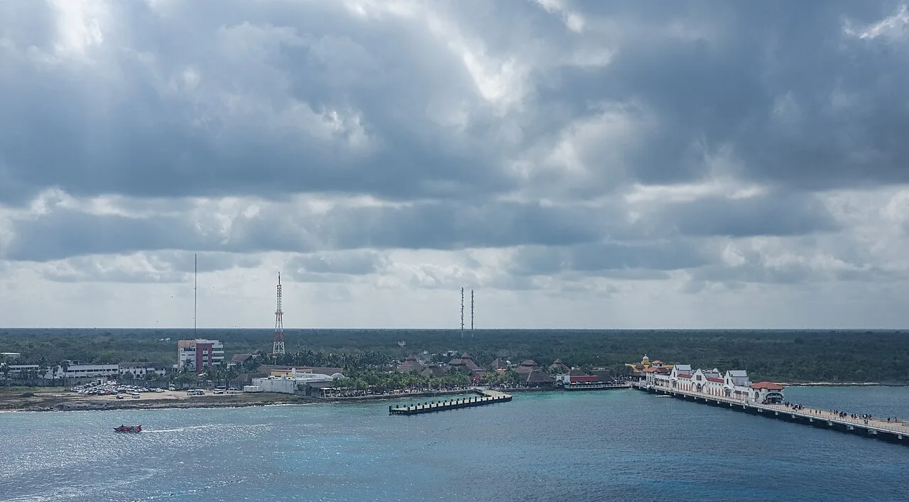 Cozumel's cruise port seen from a ship.
