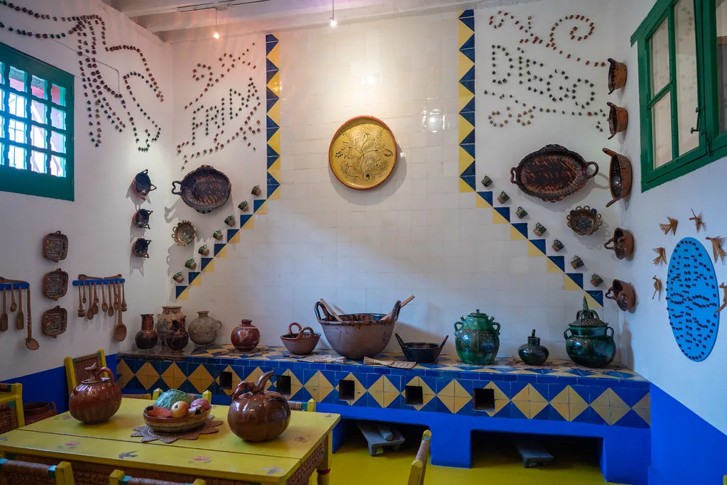 Tiled kitchen with clay pots at La Casa Azul, the Frida Kahlo Museum in Coyoacán.