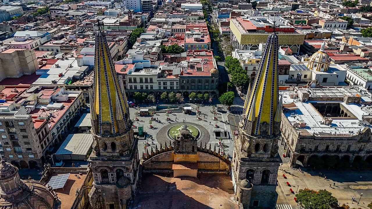 Aerial view between the spires of Guadalajara Metropolitan Cathedral.