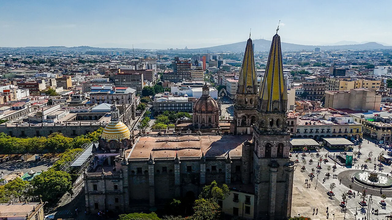 Guadalajara Metropolitan Cathedral and the surrounding historic center from above.