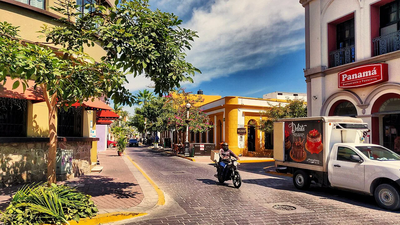 Colourful buildings along a street in Mazatlán's historic center.