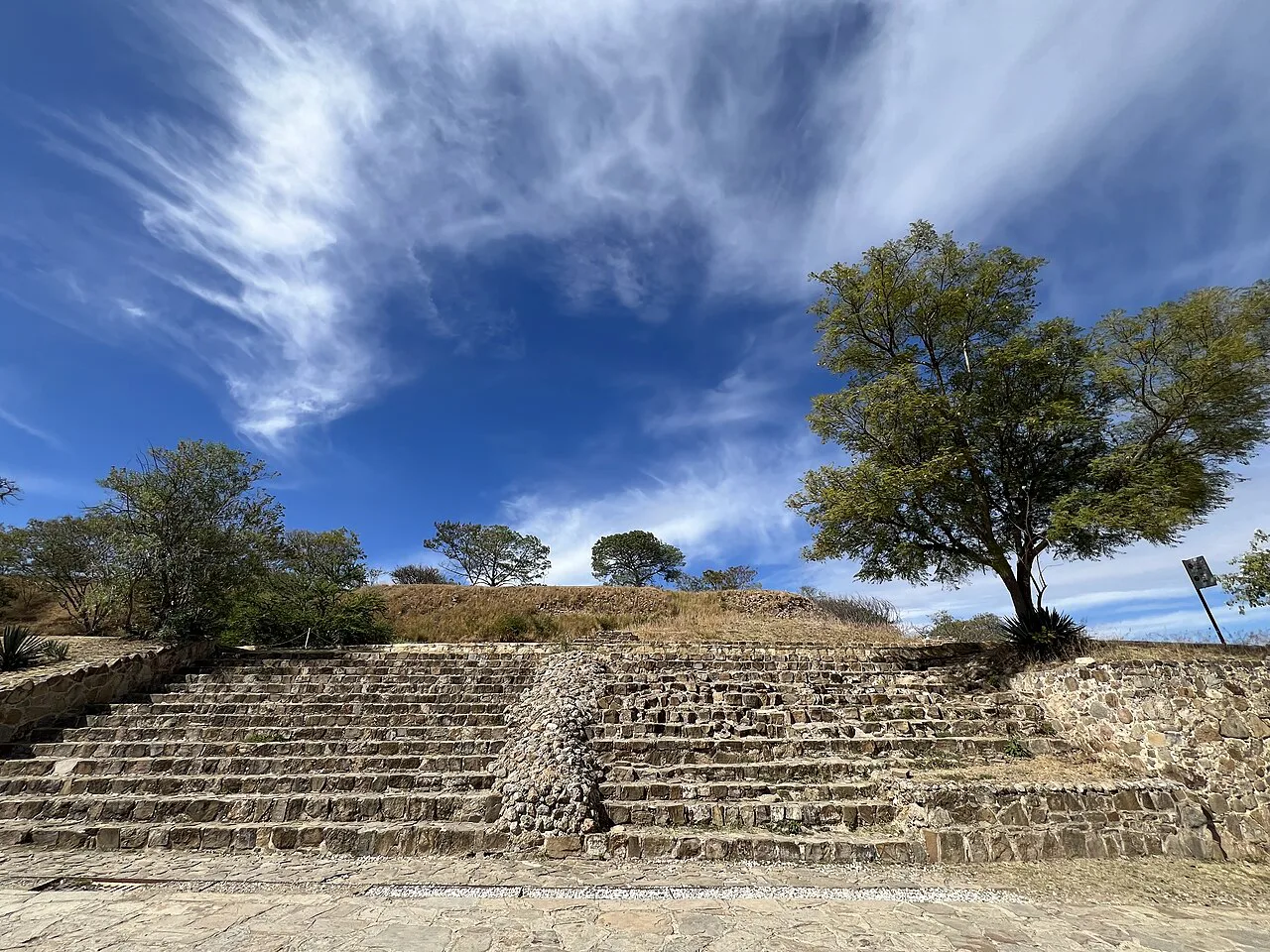 Stone steps and trees at the Monte Albán ruins, Oaxaca.