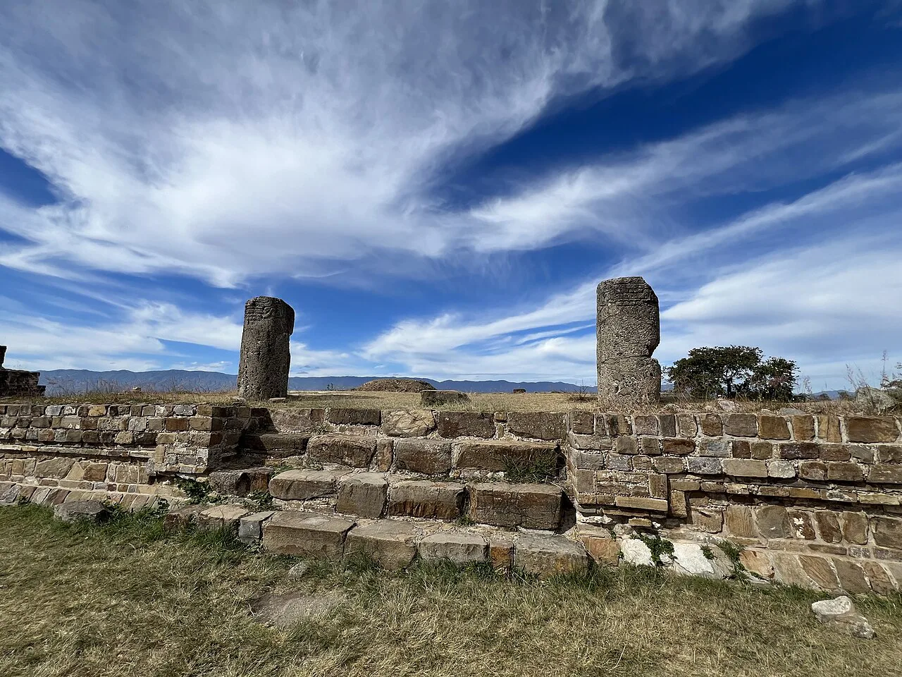 Stone stelae and platform at the Monte Albán ruins, Oaxaca.