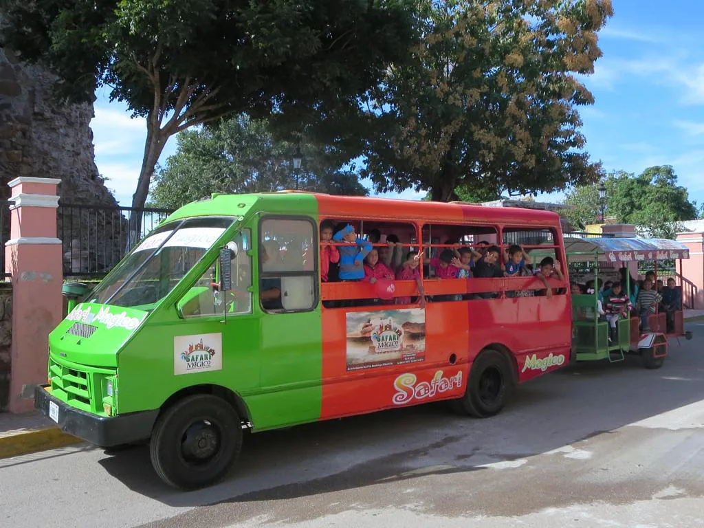 Safari Mágico tour bus in El Rosario, a Pueblo Mágico in Sinaloa.