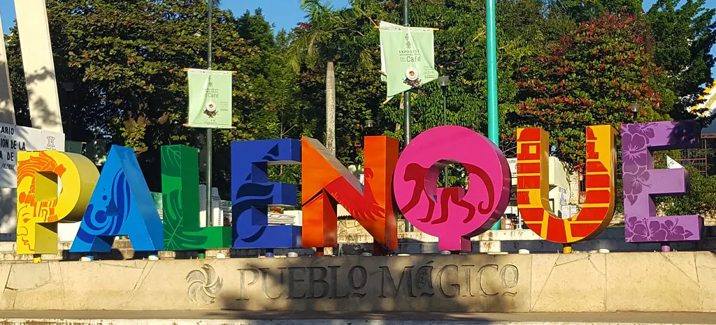 Colorful Palenque Pueblo Mágico letters in Chiapas.
