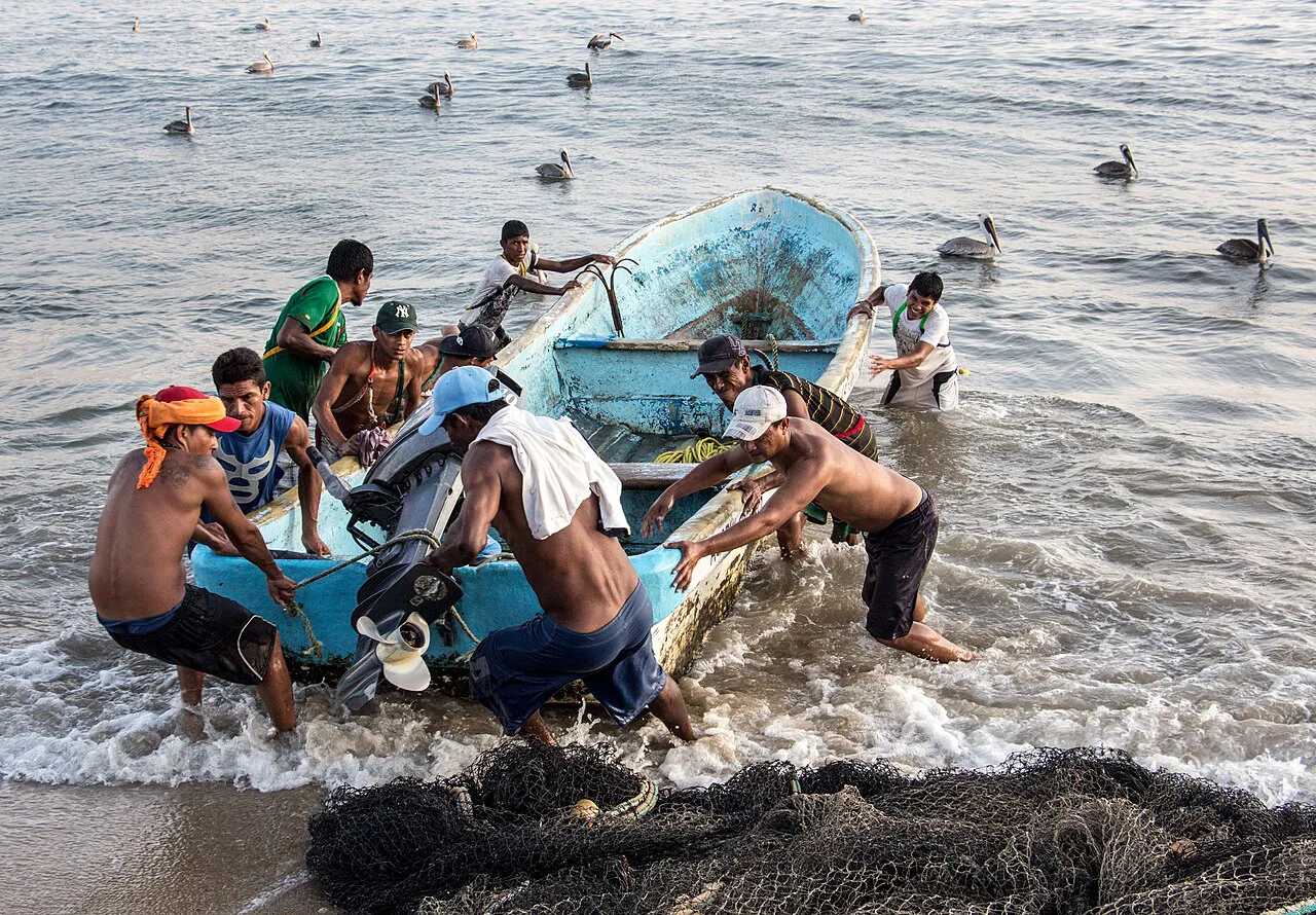Fishermen hauling a boat ashore in Acapulco.