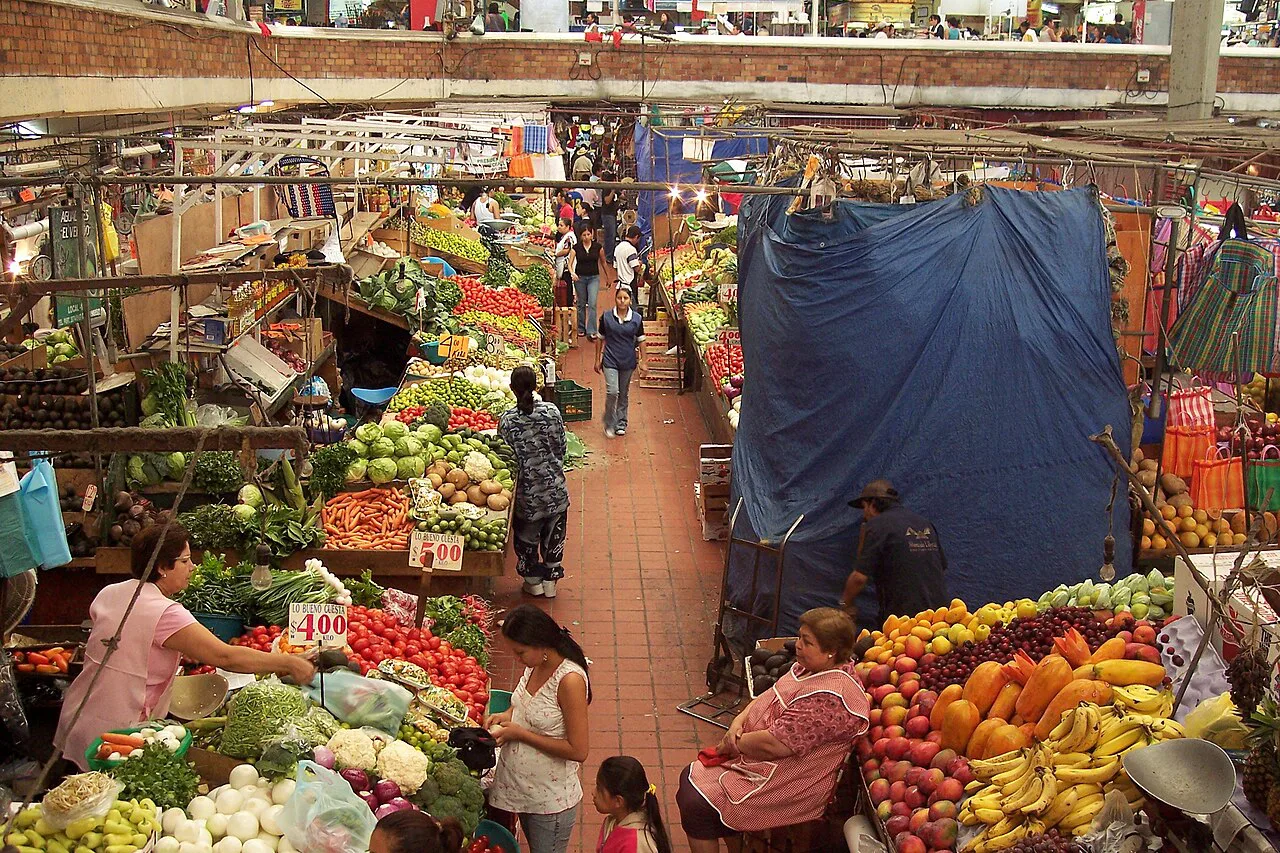 Produce stalls inside the San Juan de Dios Market in Guadalajara.