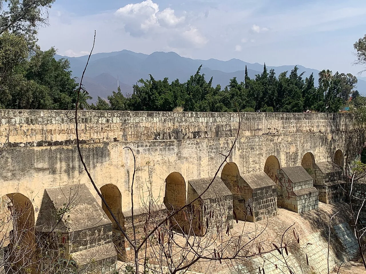 Arches of the 18th-century Xochimilco Aqueduct in Oaxaca City.