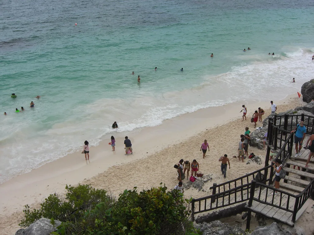 Stairs down to the beach below the Tulum ruins.