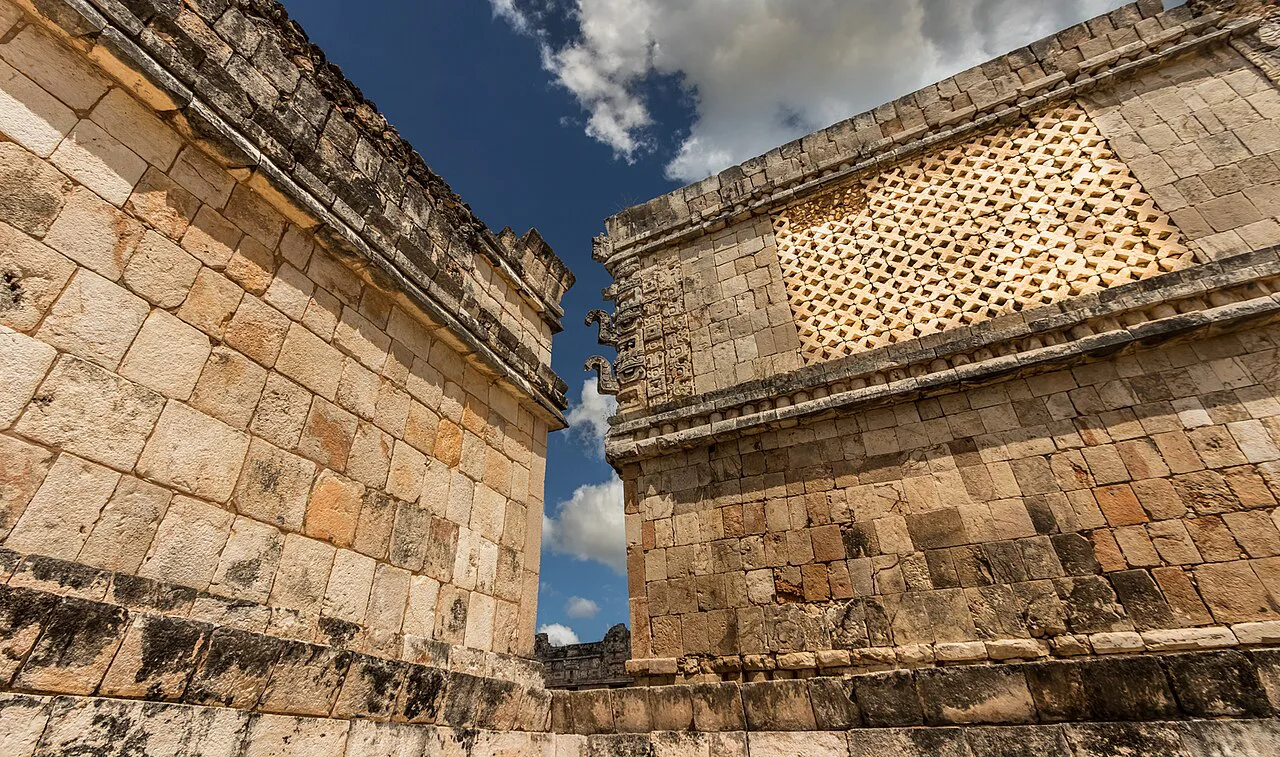 Carved stone latticework on a building at Uxmal, Yucatán.
